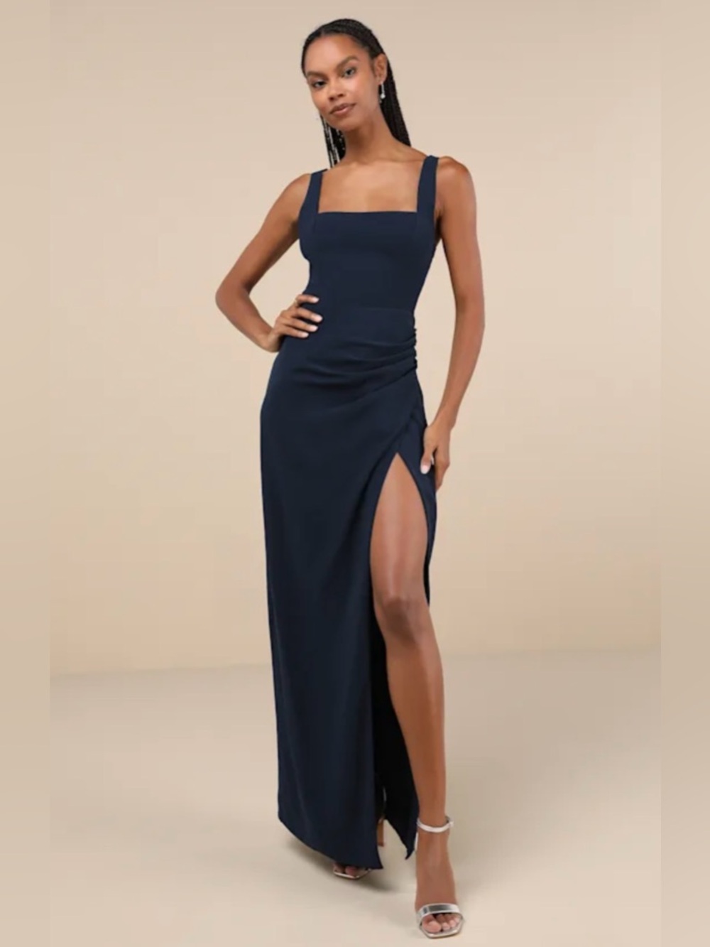 Lulus Glamorous Disposition Navy Blue Ruched Maxi Dress S NWT